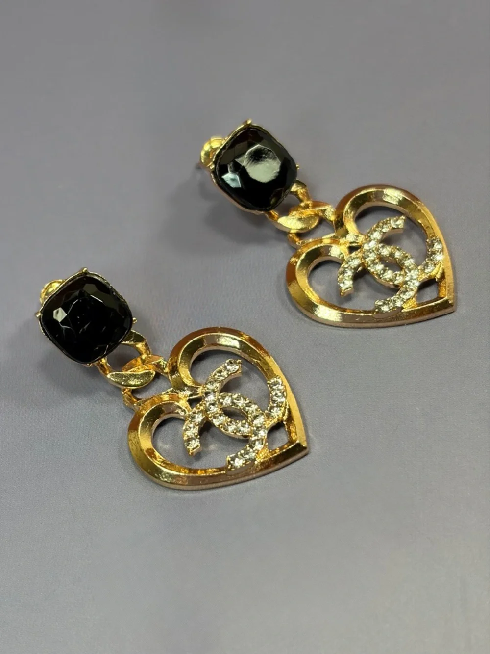 Classic Gold Tone Heart Drop Earrings with Black Stone and Crystal Accents